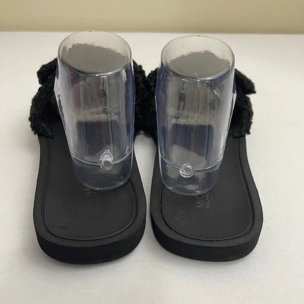 Michael Kors Black Fuzzy Faux Fur MK Logo Slides Sandals Slip On Adjustable READ